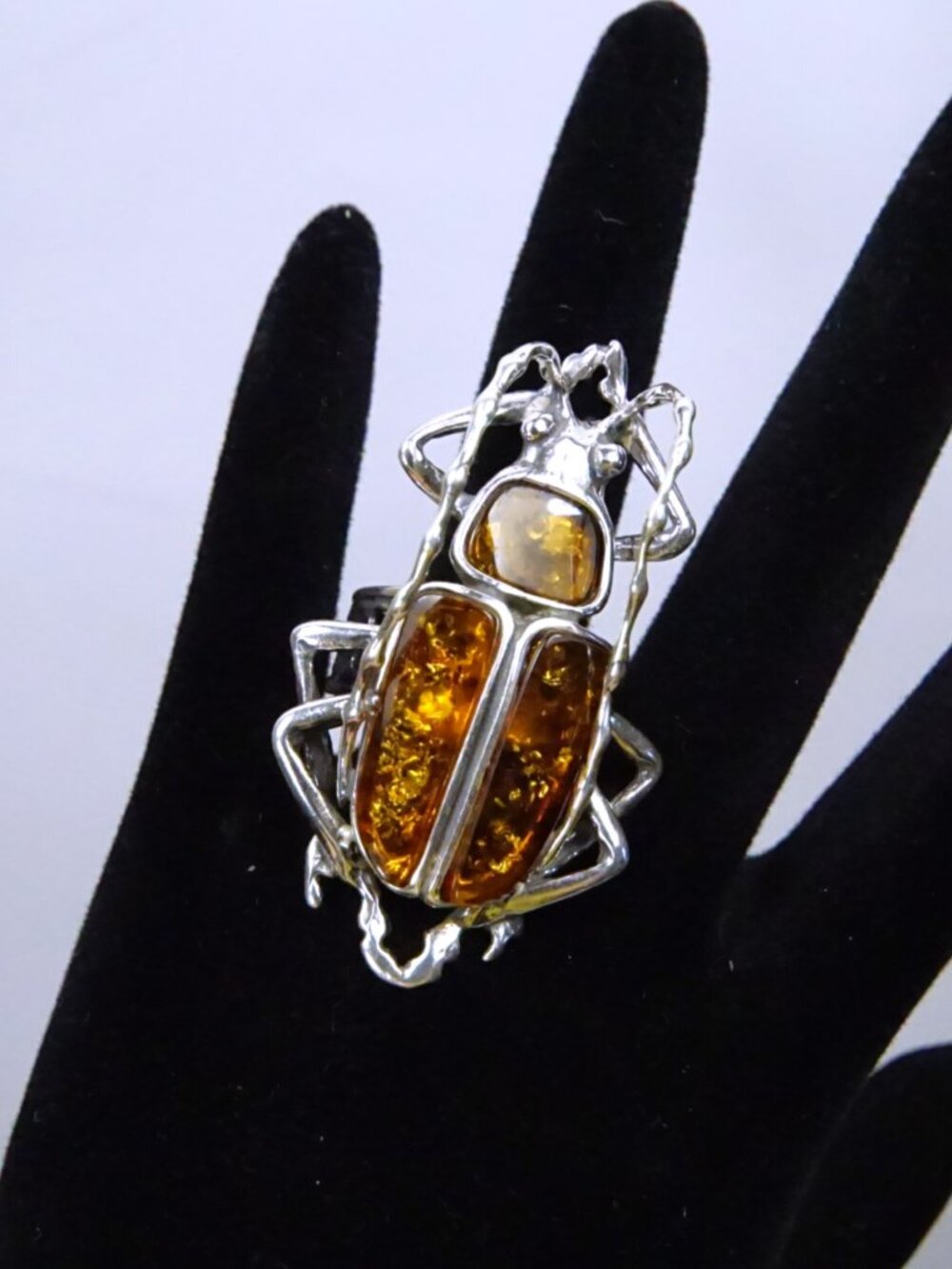 Adjustable Amber 925 Silver Bug Ring - Bold Beetle Jewelry- Large Size Finger 10